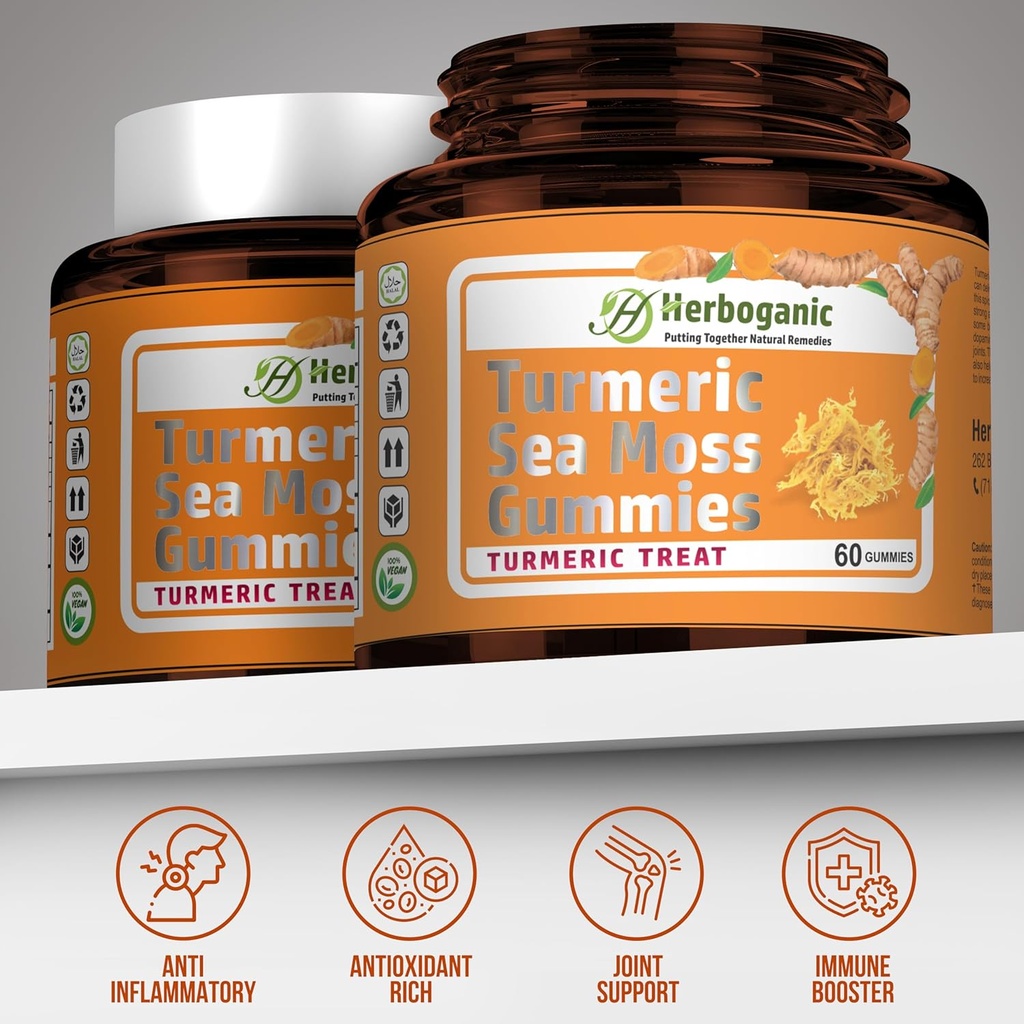 HERBOGANIC Turmeric Sea Moss Gummies - Natural Dietary and Herbal Supplement for Skin and Energy Support with Sea Moss, Boost Immune System - 60 Gummies 6