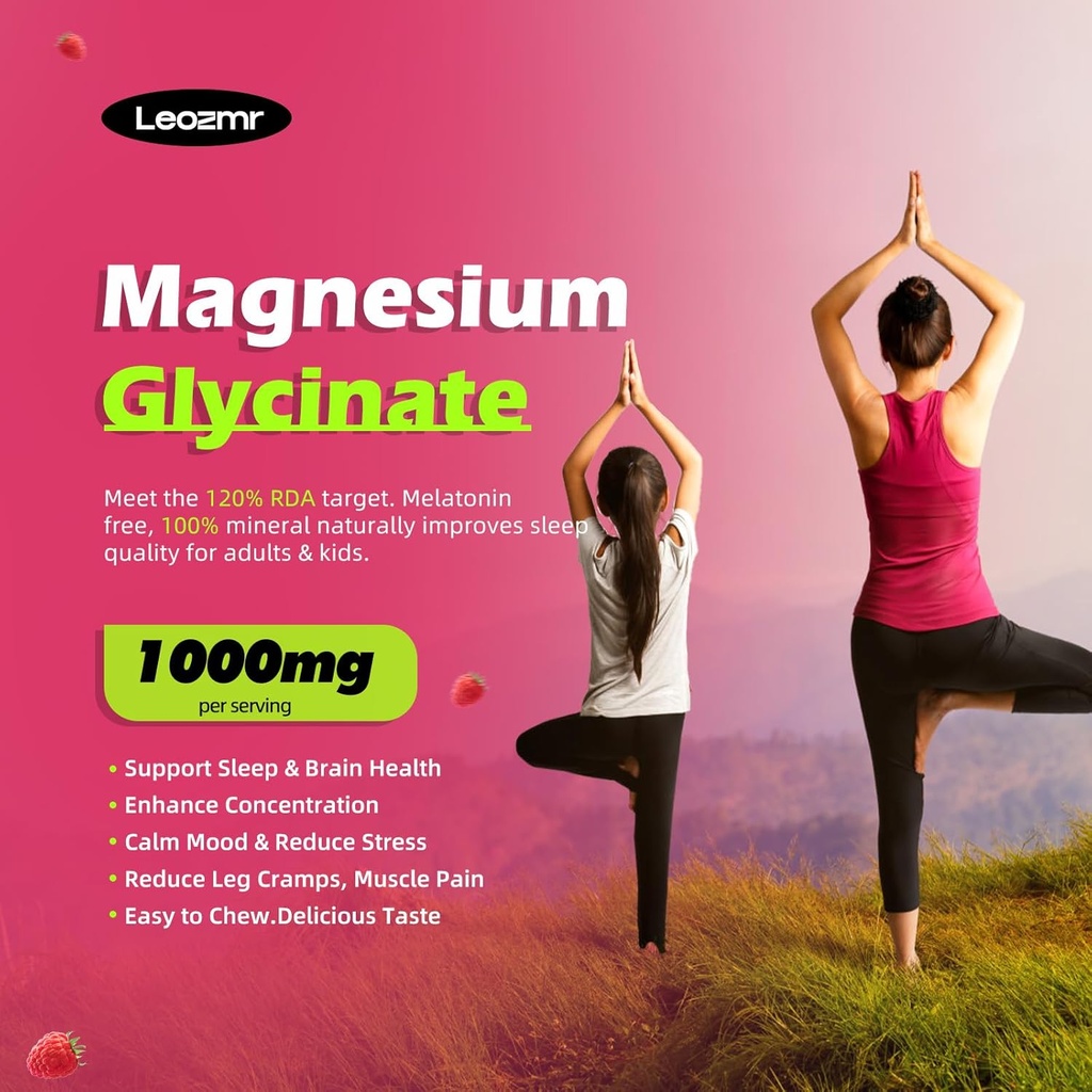 Magnesium Glycinate Gummies 1000mg - Sugar Free Magnesium Potassium Supplement with Vitamin D, B6, CoQ10 for Calm Mood & Sleep Support - 60Raspberry Gummies 4