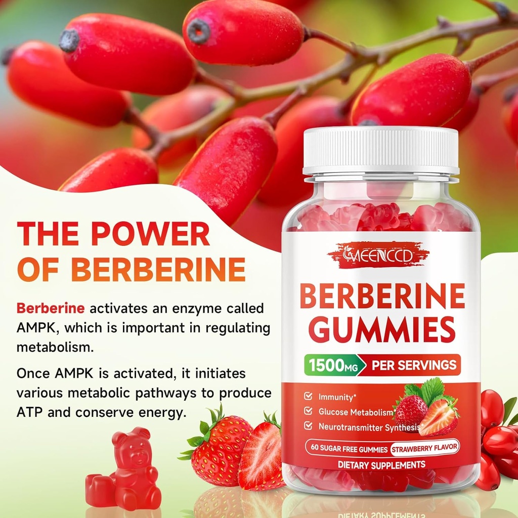 2 Pack Berberine Gummies with Ceylon Cinnamon 1500mg High Potency Berberine HCL Supplement for Immune Support,Sugar Free, Vegan, Strawberry Flavor, 120 Count 6