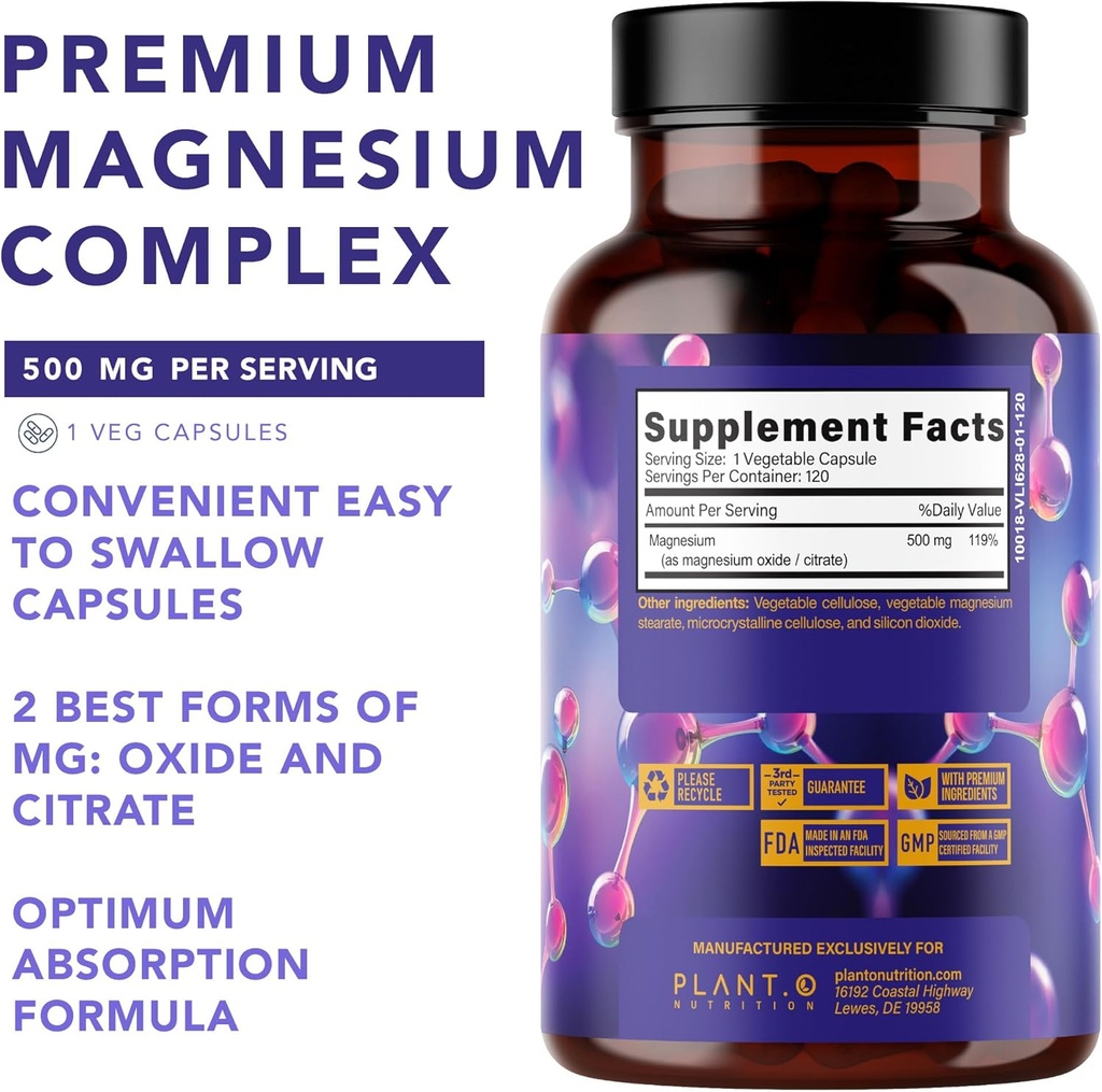 Plant.O Premium Magnesium Supplement [Vegan Oxide & Citrate, 500mg] High Absorption Complex for Sleep, Calm, Muscle Relaxer, Natural Energy, Non-GMO 120 Veggie Capsules 3
