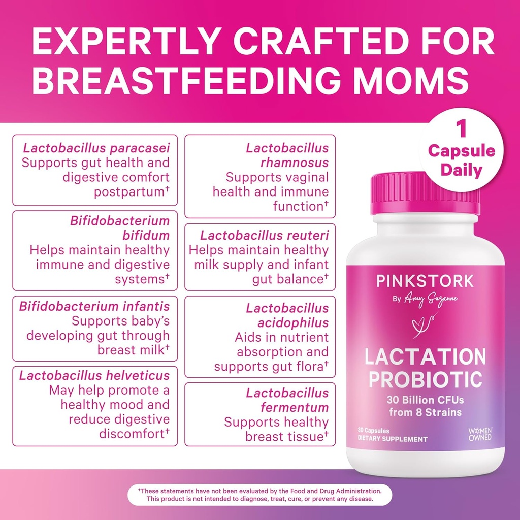 Pink Stork Lactation Probiotic - 30 Billion CFUs Multi Strain Postnatal Probiotics for Breastfeeding Women - Support Breast Milk & Gut Health, Postpartum Essentials, 60 Capsules 3