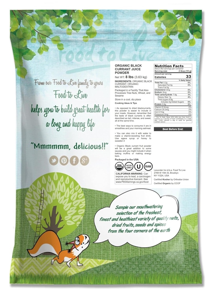 Food to Live Organic Black Currant Juice Powder, 8 Pounds — Non-GMO, Raw, Kosher, Vegan Superfood, Bulk, Rich in Antioxidants, Great for Juices, Drinks, and Smoothies, Contains Maltodextrin 3