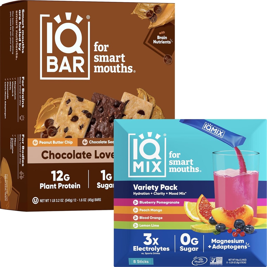 IQBAR Brain and Body Keto Protein Bars - 12 Count Chocolate Lovers Variety Low Carb, Vegan Bars & IQMIX Sugar Free Electrolyte Powder Packets - 8 Count Sampler Pack Keto Electrolytes with Lions Mane 2