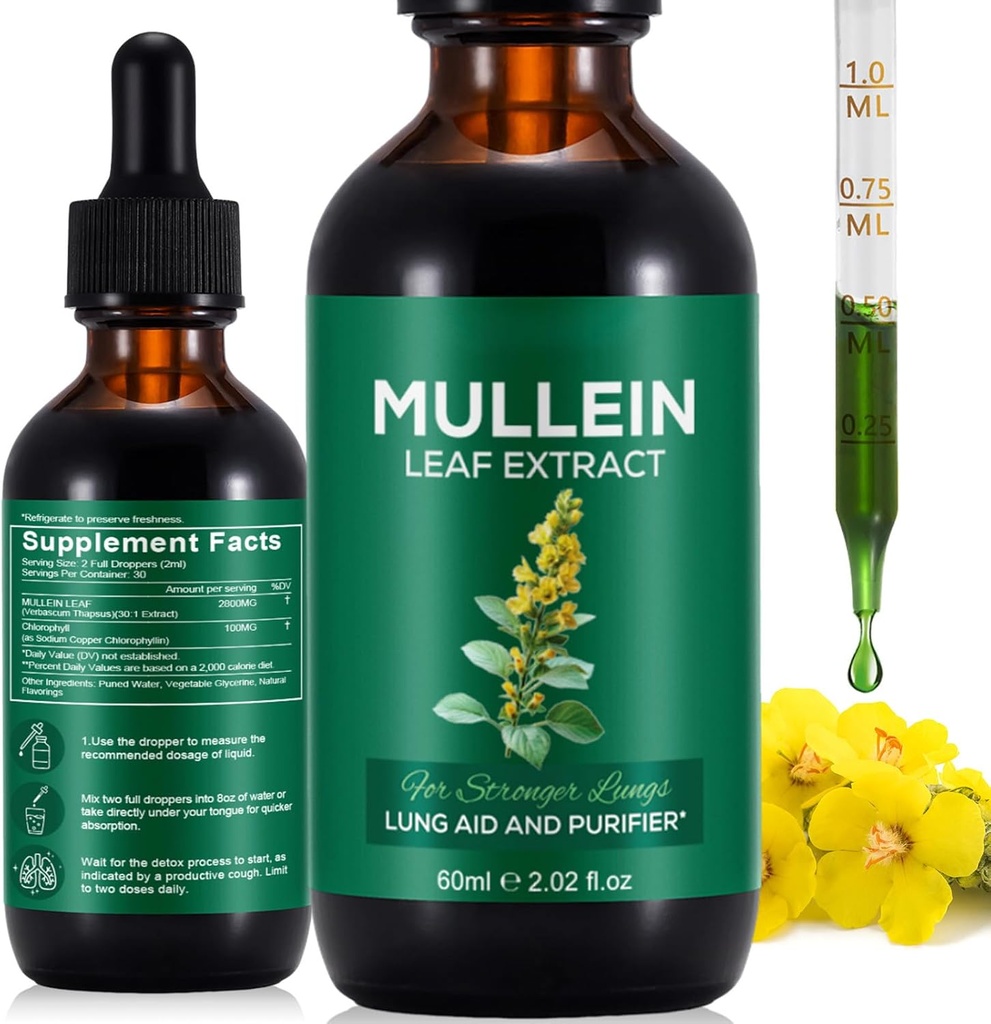 Mullein Drops for Lungs, Mullein Leaf Extract for Lungs, Natural Mullein Herbal Supplements, Mullein Chlorophyll Drops for Lungs, Lung Cleanse for Smokers - 2.02 fl oz 2