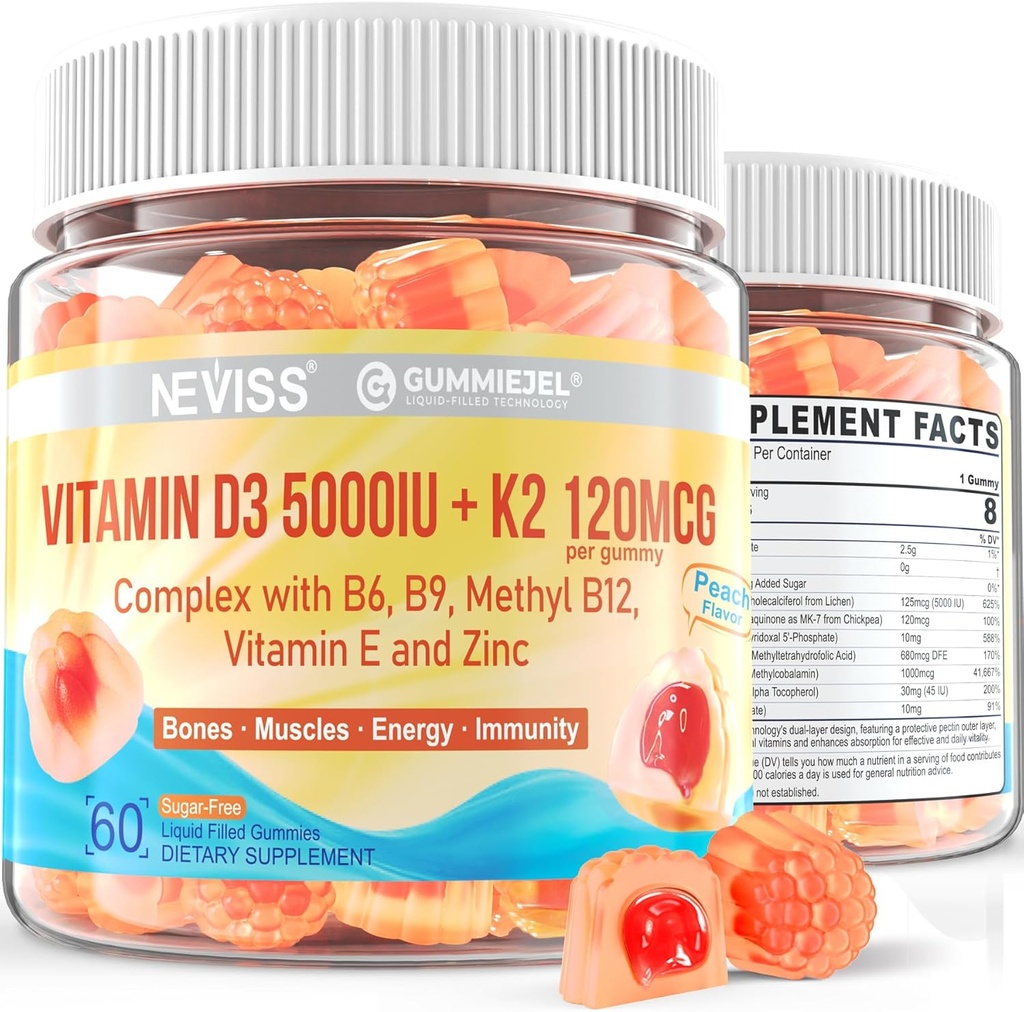 Vitamin D3 5000IU + K2 (MK-7) 120mcg, Sugar-Free Vitamin D3 K2 Filled Gummies with Vitamin B Complex - Methyl B12, B9, B6 | Vitamin E & Zinc, MCT Oil - Supports Bone & Teeth Strength, Immune, 2PACK 2
