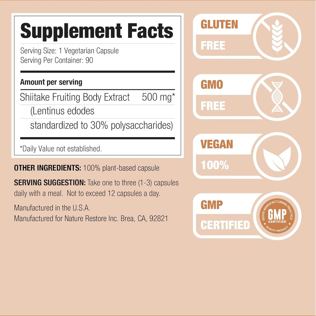 Nature Restore Shiitake Mushroom Extract Supplement, 90 Capsules, High 30% Polysaccharide Concentration, Non-GMO, Gluten Free 5
