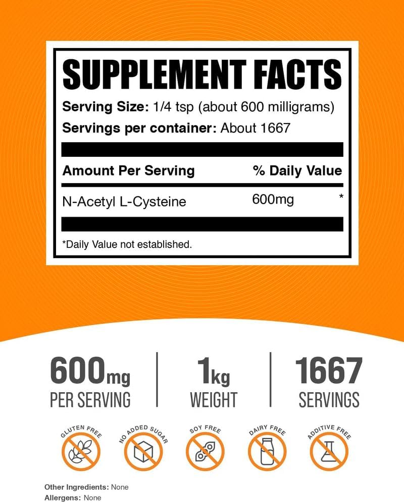 BulkSupplements.com NAC Powder - N-Acetyl Cysteine 600mg, NAC Supplement - Antioxidant Support, Gluten Free - 600mg per Serving, 1667 Servings, 1kg (2.2 lbs) (Pack of 1) 3