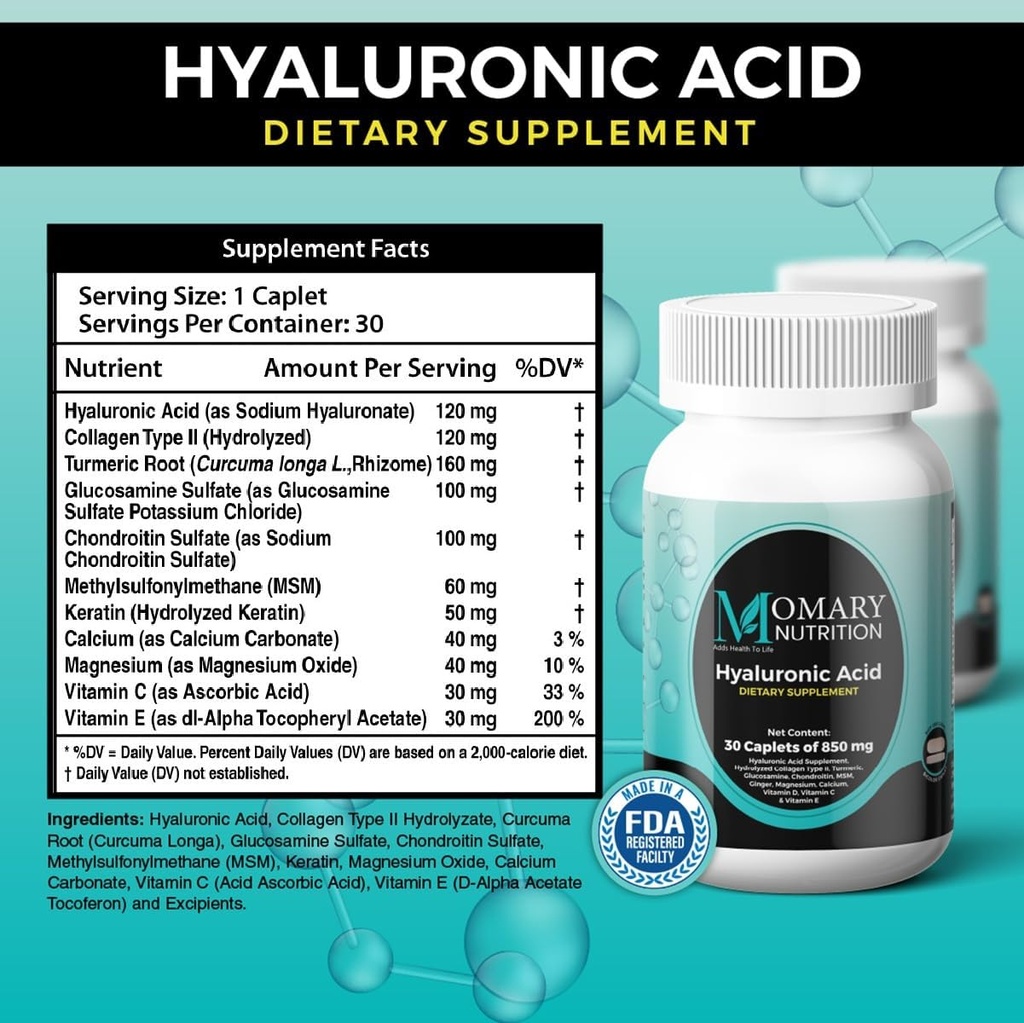 Hyaluronic Acid Supplement, Natural Skin Hydration, Advanced Joint Support and Mobility Booster, Type II Hydrolyzed Collagen, Turmeric, Glucosamine, Chondroitin, 30Caplets 850Mg 6