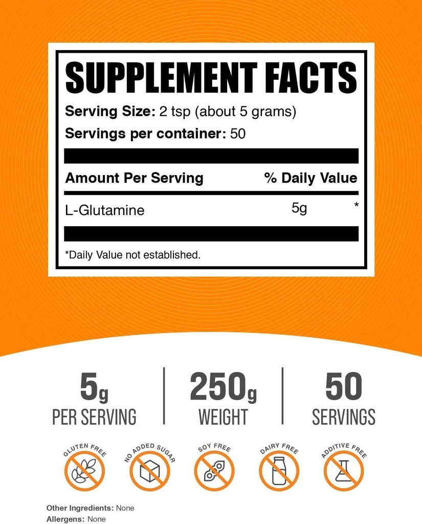 BulkSupplements.com L-Glutamine Powder - Glutamine Supplement, for Recovery & Gut Health - Unflavored & Gluten Free, 5g (5000mg) per Serving, 250g (8.8 oz) (Pack of 1) 3