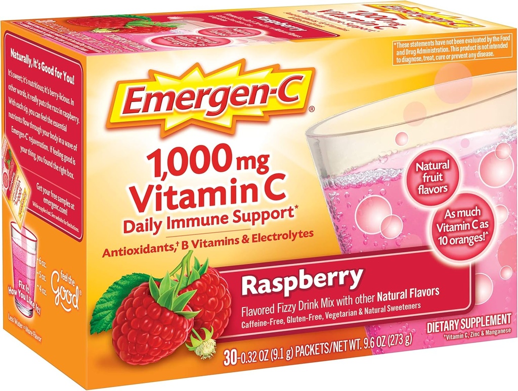 Emergen-C (30 Count, Raspberry Flavor, 1 Month Supply Dietary Supplement Fizzy Drink Mix with 1000mg Vitamin C, 0.32 Ounce Packets, Caffeine Free (Pack of 2) 3