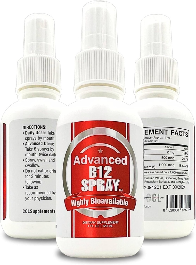 Vitamin B12 Energy Spray, Methylcobalamin with Folic Acid Sublingual Liquid Complex for Focus, & Metabolism, Nano Technology Instant Absorption and Custom Dosage (4 oz - 120 Servings) 2