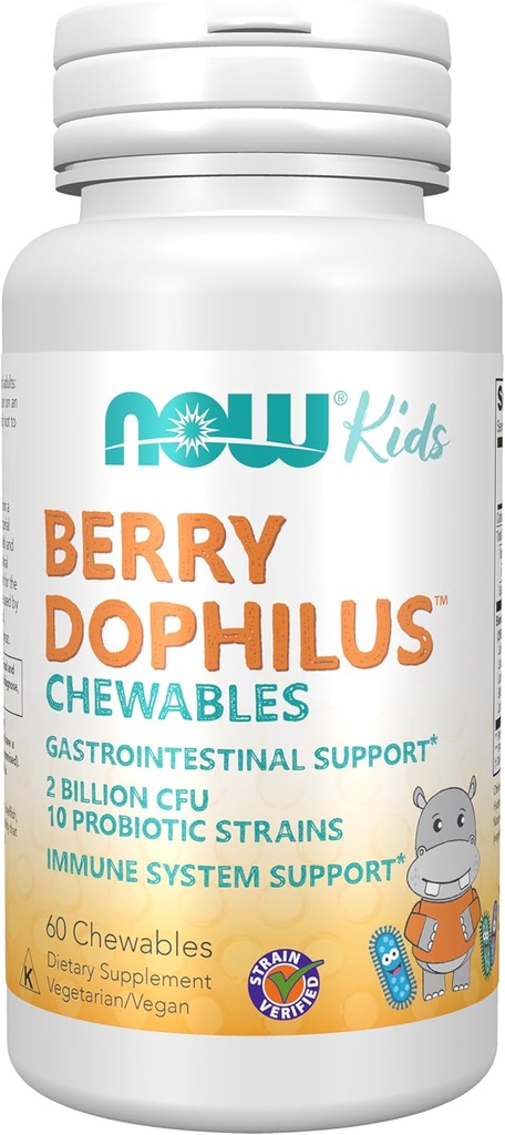 NOW Foods Supplements, BerryDophilus™ with 2 Billion, 10 Probiotic Strains, Xylitol Sweetened, Strain Verified, 60 Chewables, packaging may vary 2