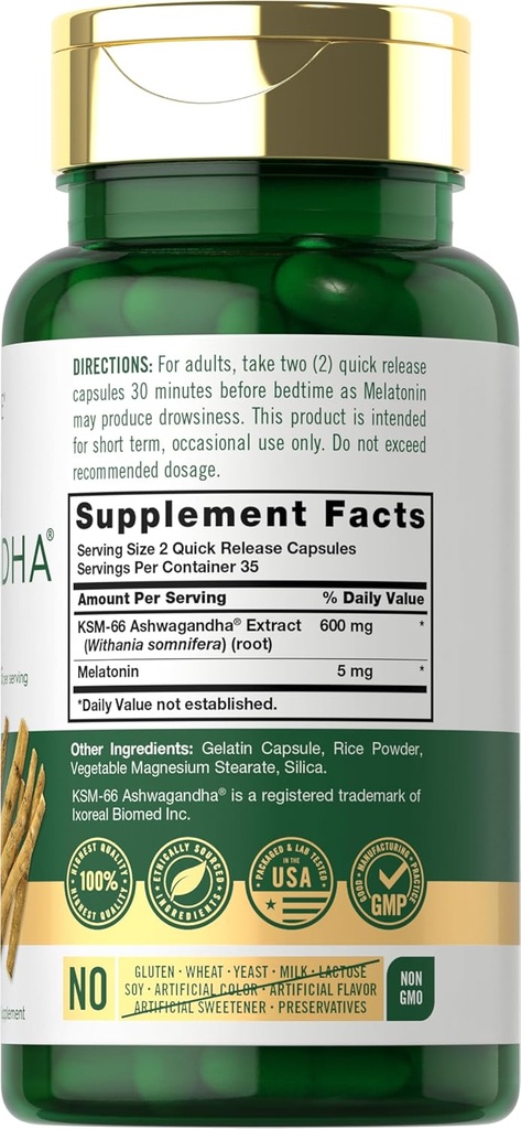 Carlyle KSM-66 Ashwagandha Capsules 600mg | 70 Count | with Melatonin 5mg | Potent Complex | Non-GMO, Gluten Free 3