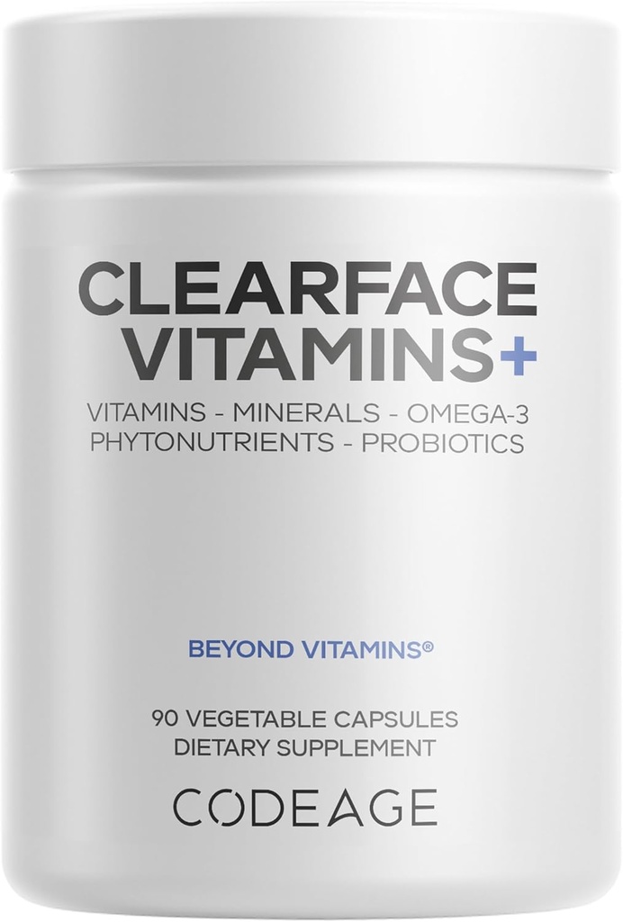 Codeage Clearface Pantothenic Acid, Niacin Supplement, Vitamins A, C, D3, E, Probiotics, Zinc, Riboflavin, Thiamin, L-Lysine HCL & Omega-3, Niacinamide, Skin Botanical Blend - Non-GMO - 90 Capsules 2