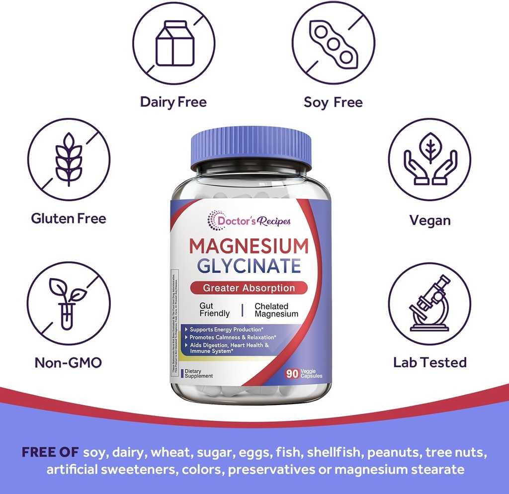 Doctor's Recipes Magnesium Glycinate Supplement, Amino Acid Chelated, Non Buffered, High Absorption, Easy on Stomach, Support Calm, Bone, Heart, Energy, Nerve, 90 Vegan Capsules 6