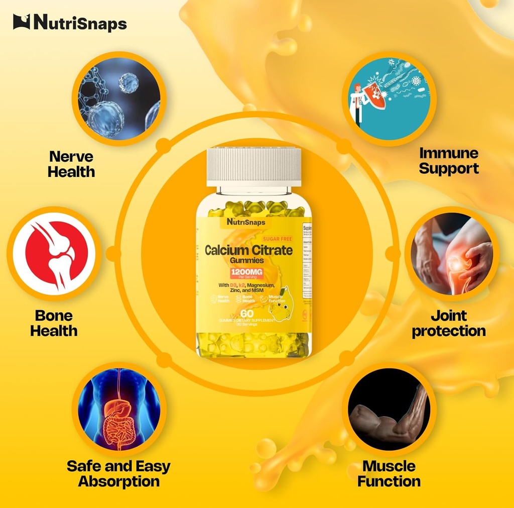 Sugar Free Calcium Citrate Gummies 1200mg with Vitamin D3 K2, Magnesium, Zinc, MSM for Men & Women, Bone, Muscle, Immune Support, Ultimate Absorption Calcium Supplement, Vegan, 60 Count 5