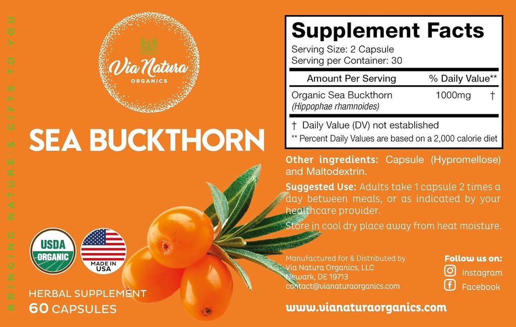Sea Buckthorn Capsules 1000mg | Organic Herbal Supplement | Natural Source of Omega 3, Omega 6, Omega 7 and Omega 9 | 60 Capsules 3