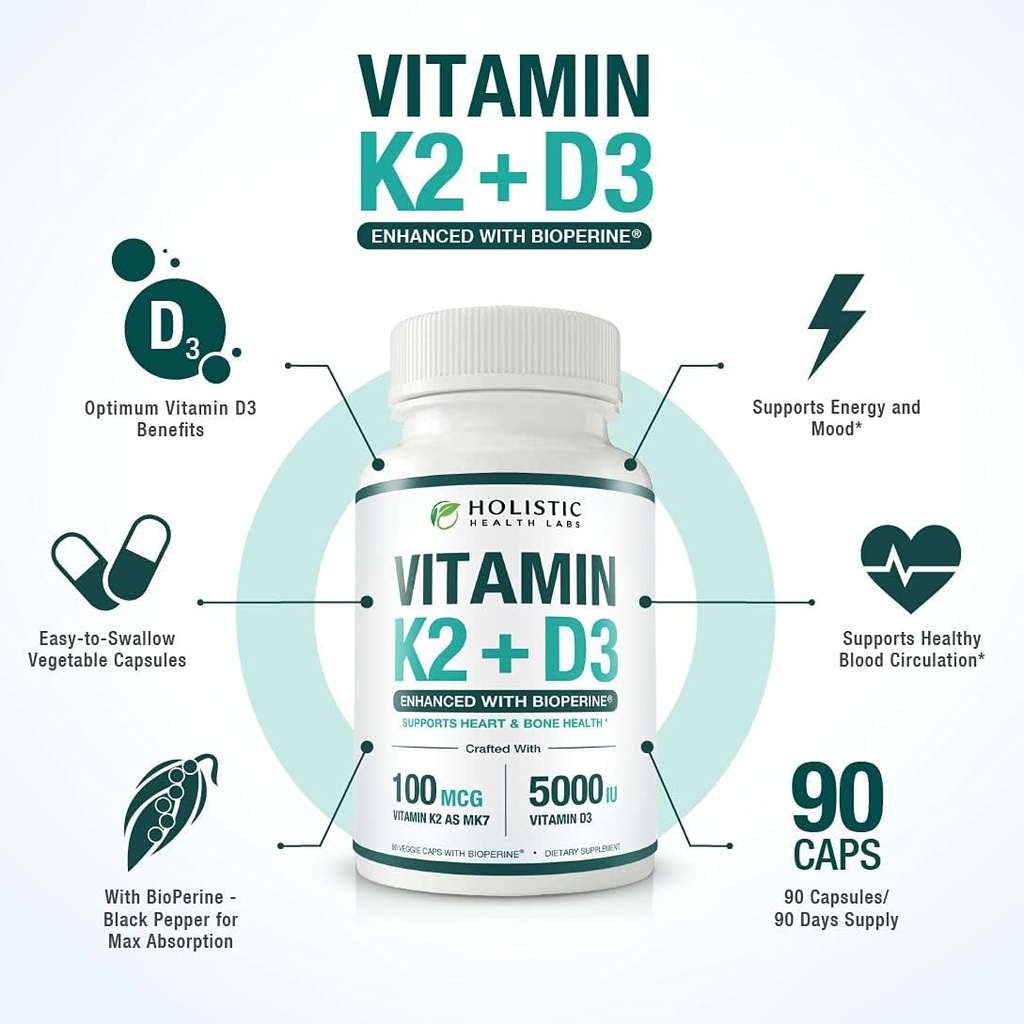 Max Absorption Vitamin K2 + D3 (5000IU) 90 Veggie Capsules from MK-7 (Menaquinone-7) and Cholecalciferol (with BioPerine) 3-Months Supply – D3 with K2 for Healthy Heart and Strong Bones | Non-GMO 3