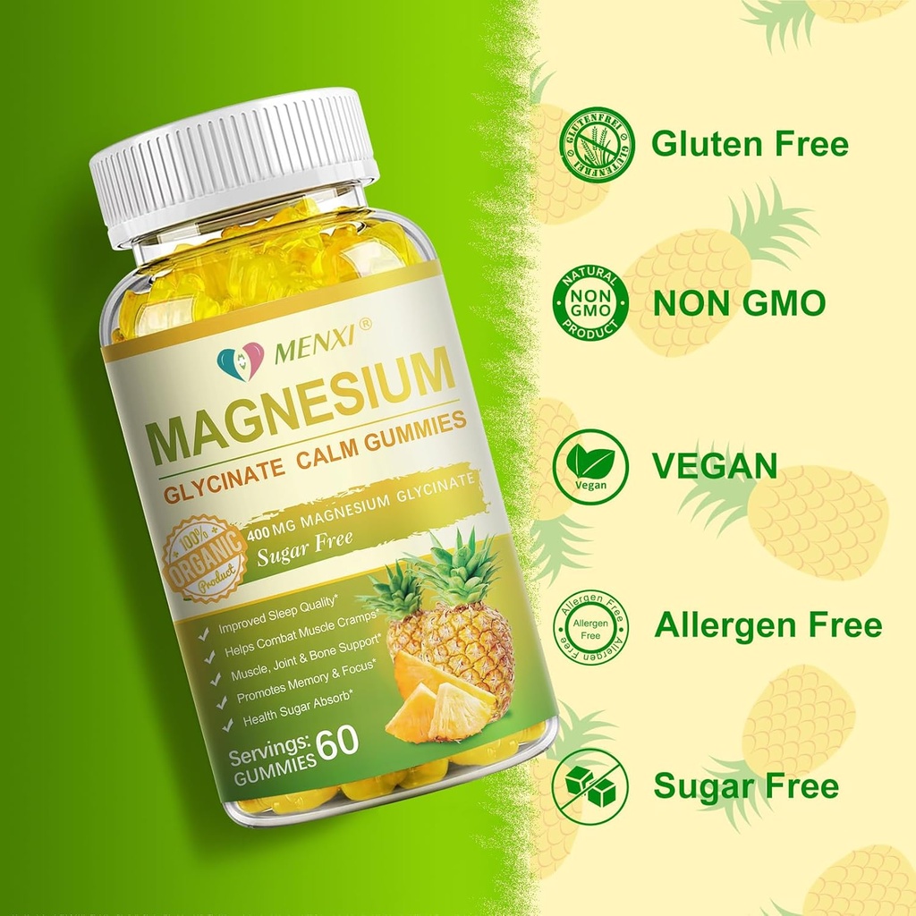 Magnesium Glycinate Gummies 400mg, Sugar Free Magnesium Taurate, Malate Supplement with Vitamin D, B6, CoQ10 for Relaxation, Stress Relief, Muscle, Bone & Sleep Support- 60 Pineapple Gummies 5