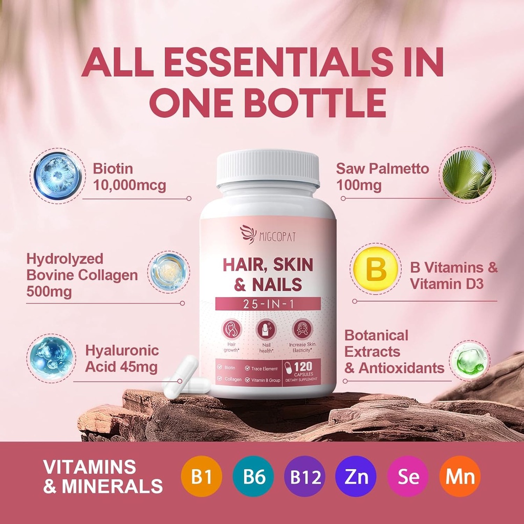 Hair Skin and Nails Vitamins with Biotin, Collagen & Hyaluronic Acid, Supports Healthy Hair Growth, Strong Nails & Glowing Skin, Biotin Supplement with Vitamins A, C, D3, E, B Complex & Minerals 4