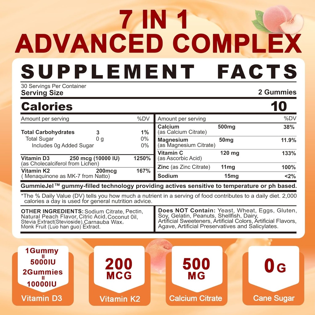 Vitamin D3 K2 Filled Gummies 5000IU / 10,000 IU with 500mg Calcium + K2(MK-7) 200mcg, Magnesium, Vitamin C & Zinc, Extra Strength - Ultimate Absorbency for Bones Muscles Teeth, Vegan -- Pack of 2 3