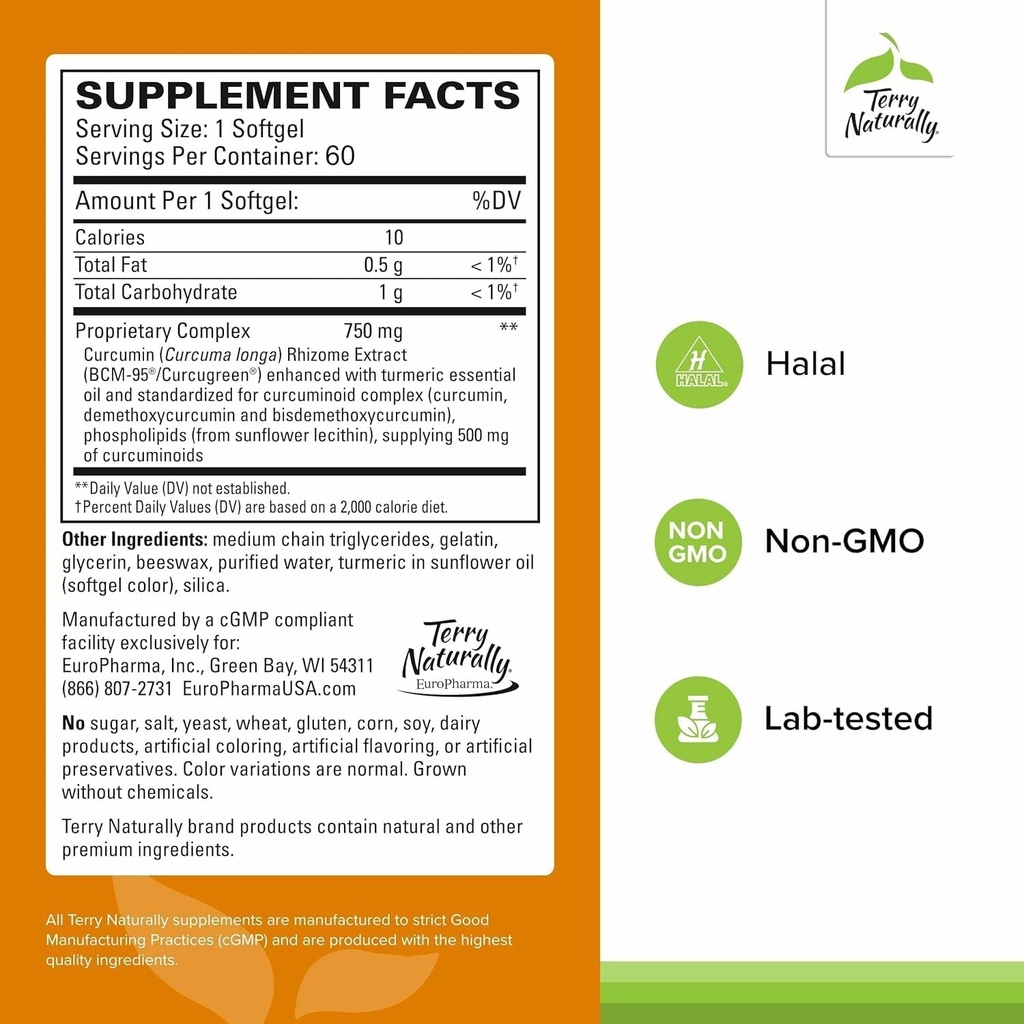 Terry Naturally CuraMed 750mg - Antioxidant Supplement for Brain & Heart Health - Supplement with High-Potency Curcumin Complex - Kidney, Liver & Immune Health Support - 60 Softgels (Pack of 3) 3