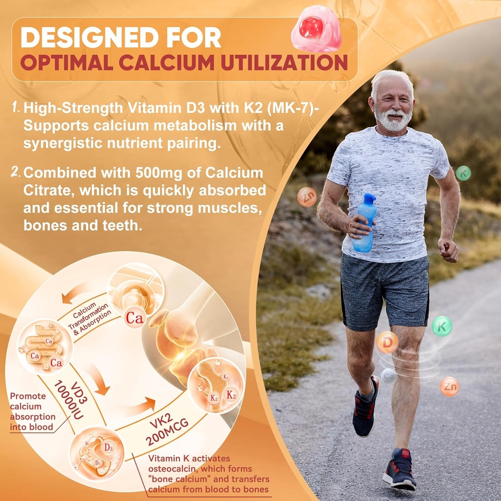 Vitamin D3 K2 Filled Gummies 5000IU / 10,000 IU with 500mg Calcium + K2(MK-7) 200mcg, Magnesium, Vitamin C & Zinc, Extra Strength - Ultimate Absorbency for Bones Muscles Teeth, Vegan -- Pack of 2 5