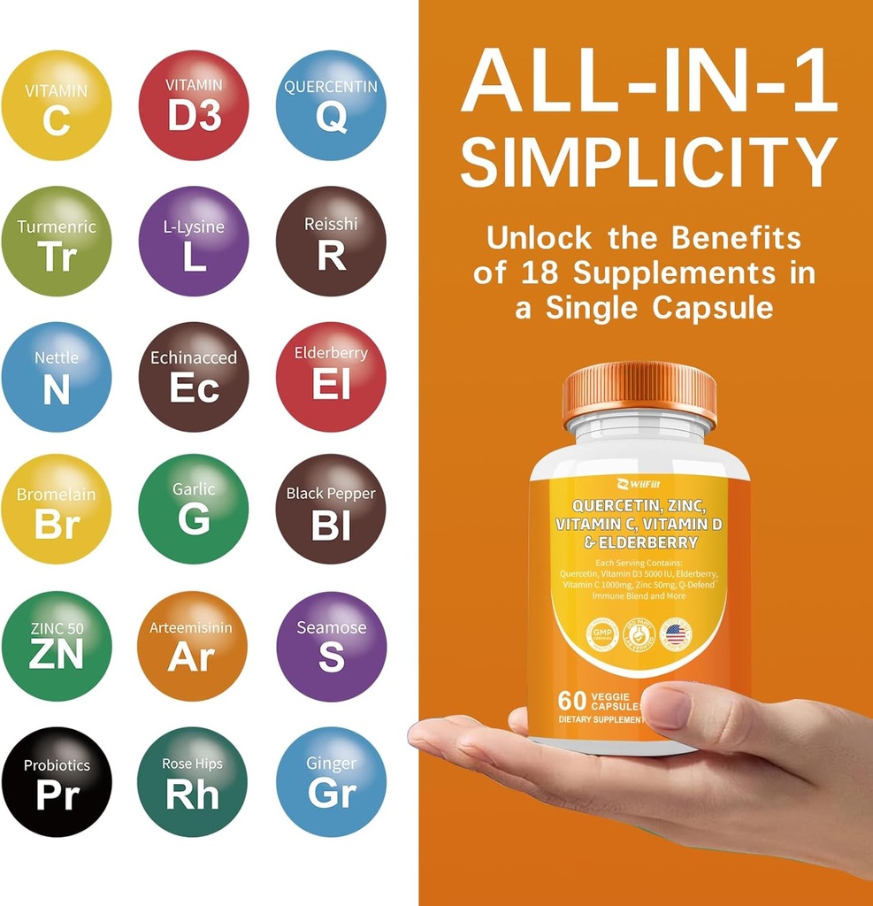 Quercetin 50 mg Zinc 1000 mg Vitamin C 5000 IU Vitamin D3 1000 mg Turmeric 1000 mg Elderberry with Q-Defend Immune Blend Reisshi Nettle Arteemisinin, Non-GMO, Mineral Supplements,60 Capsules 3