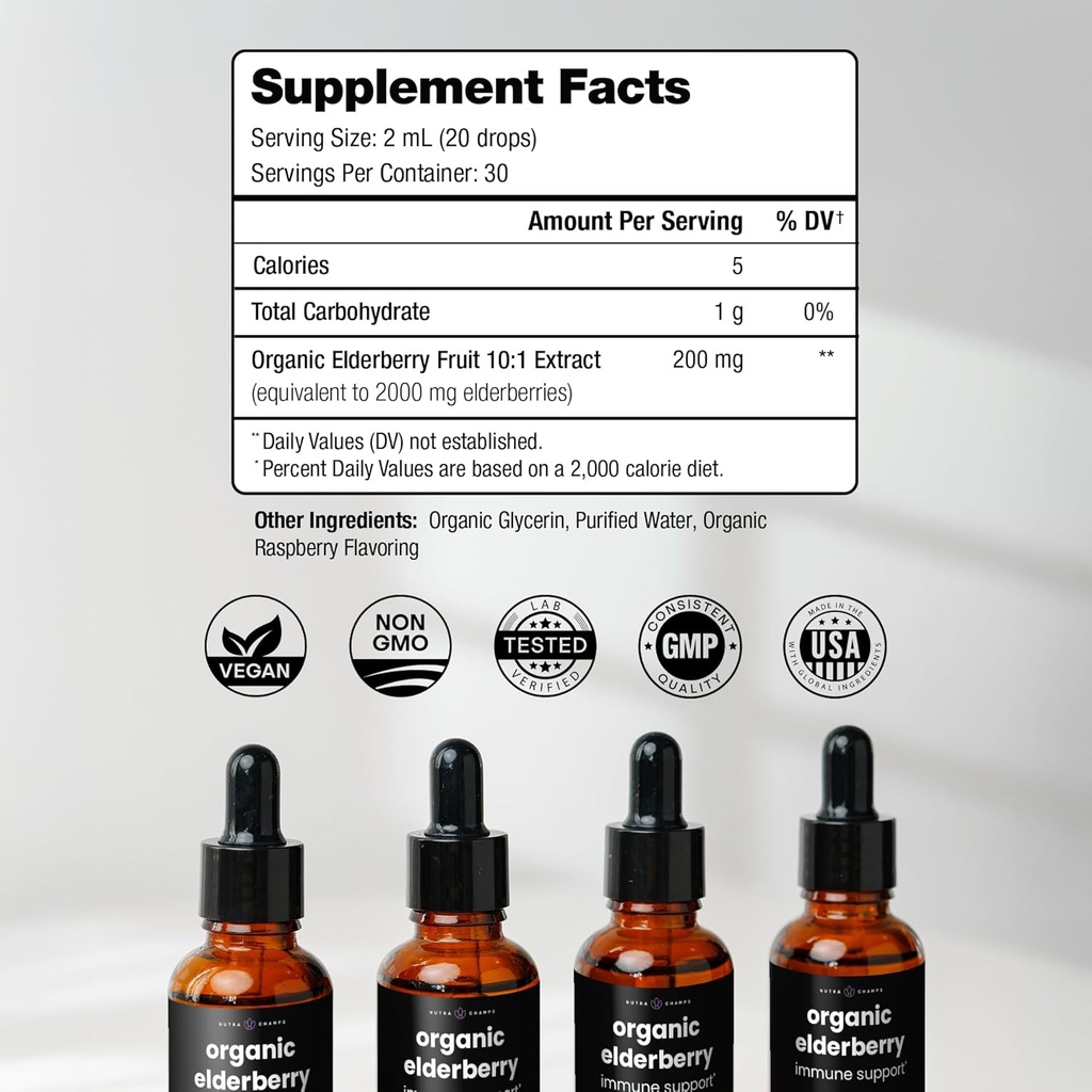 NutraChamps Black Elderberry Syrup, Potent 2000mg 10:1 Extract Sambucus Elderberry Syrup Antioxidant, Drops Berry Flavor, Liquid Elderberry Extract Sugar-Free 2oz, Immune Support 3
