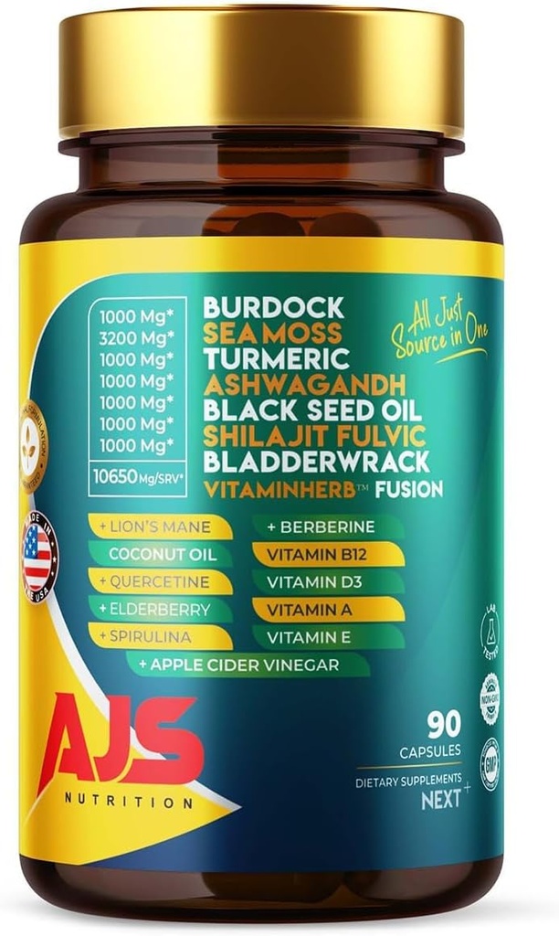 AJS Sea Moss Capsules 3200mg, Himalayan Shilajit 1000mg with Black Seed Oil, Ashwagandha, Turmeric, Bladderwrack, Burdock, Vitamins, Berberine, Lion’s Mane Mushroom, Elderberry- 90 Caps 2