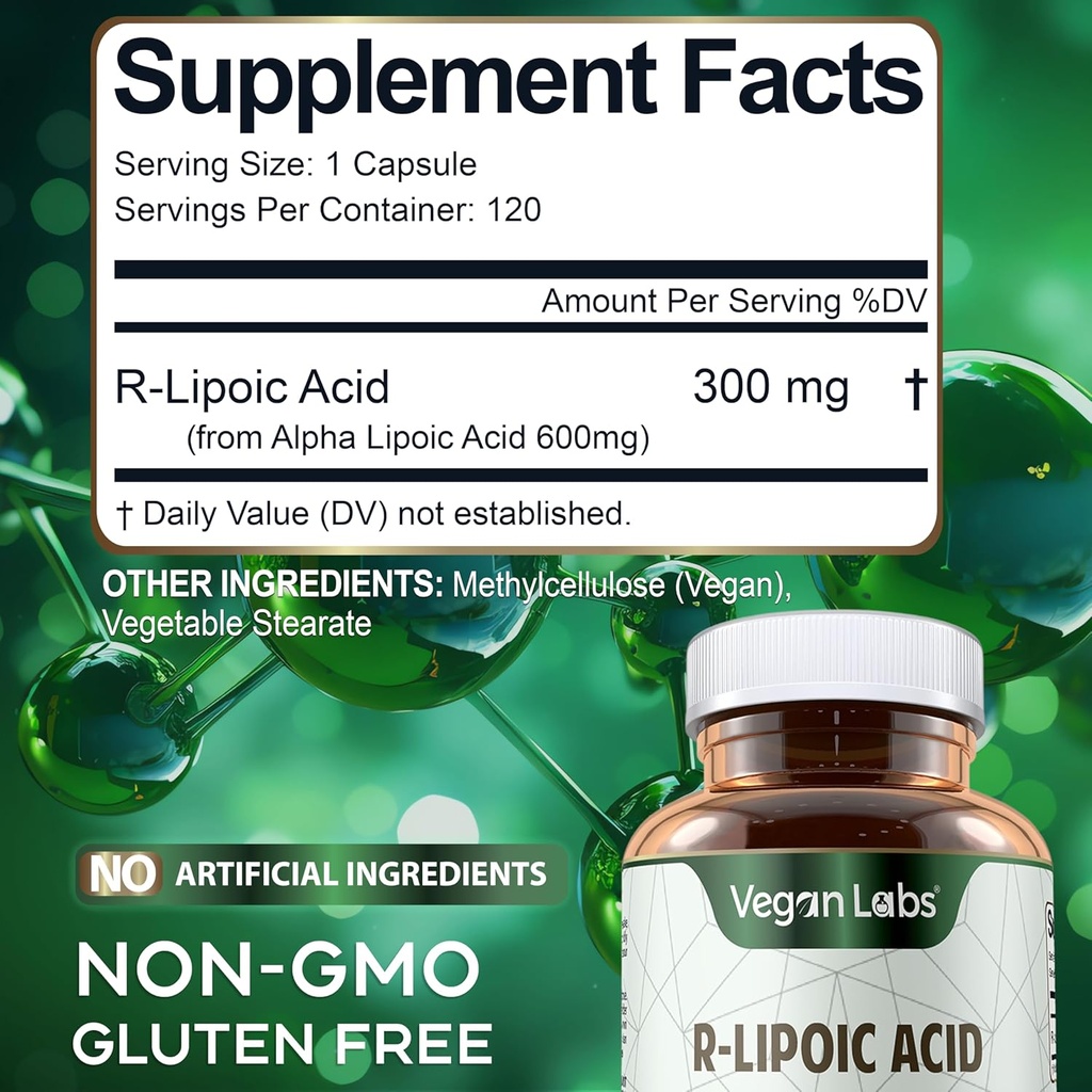 Vegan Labs R-Lipoic Acid 300MG, 120 Vegan Capsules- Supports Cellular Energy and Antioxidant Protection- Gluten Free, Non-GMO, Stabilized R-ALA Supplement- 4 Month Supply 6