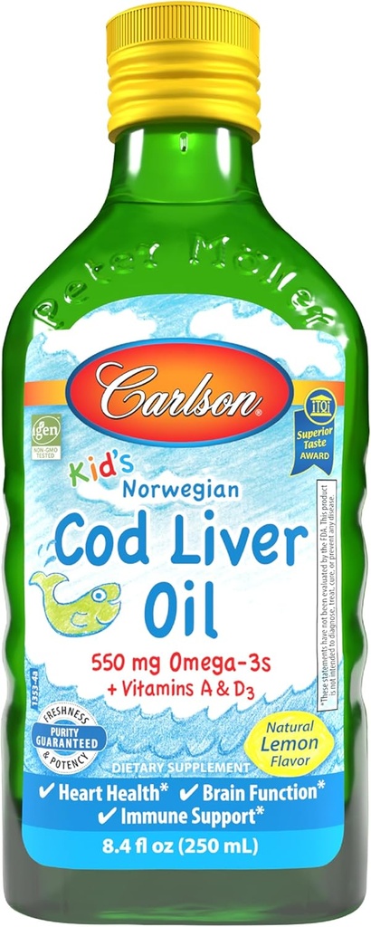 Carlson - Kid's Cod Liver Oil, 550 mg Omega-3s, Vitamins A & D3, Wild Norwegian, Lemon, 250 mL 2