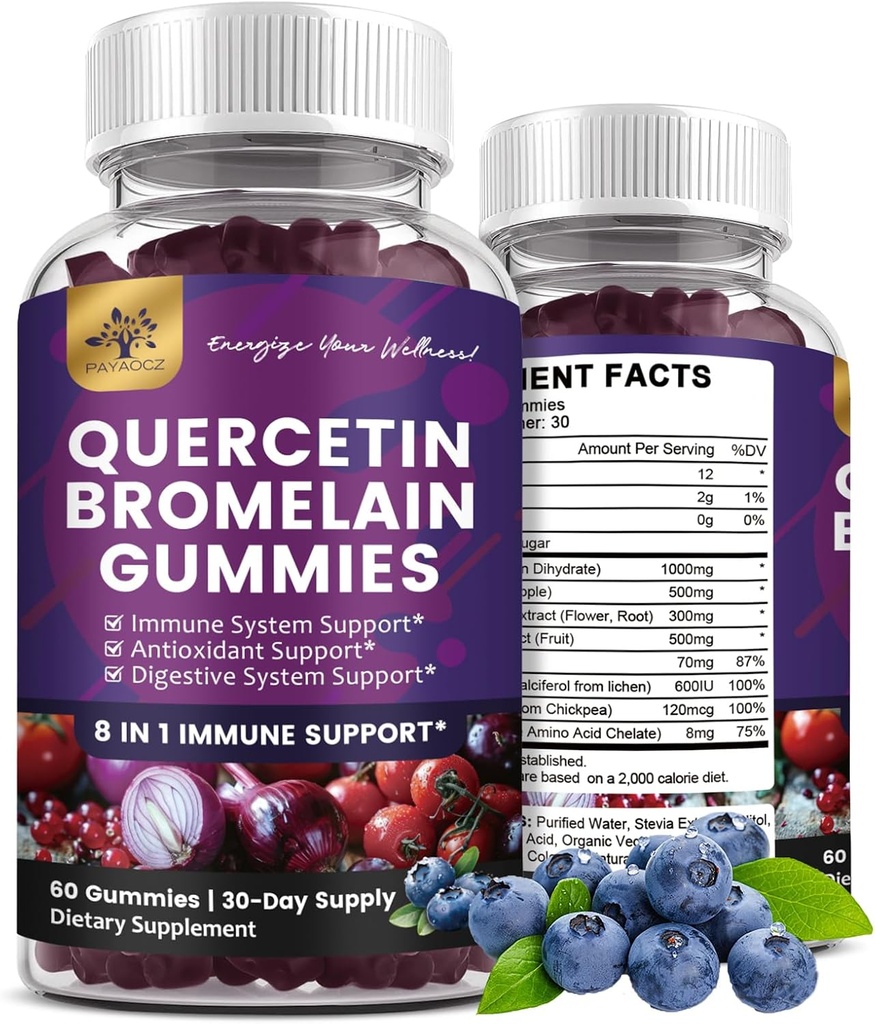 (2 Pack) Quercetin Gummies with Bromelain Zinc Elderberry Vitamin C D3 K2, Quercetin 1000mg Supplement with Bromelain 500mg for Cardiovascular, Immune System & Allergy, Vegan Gummy for Adult & Kid 2