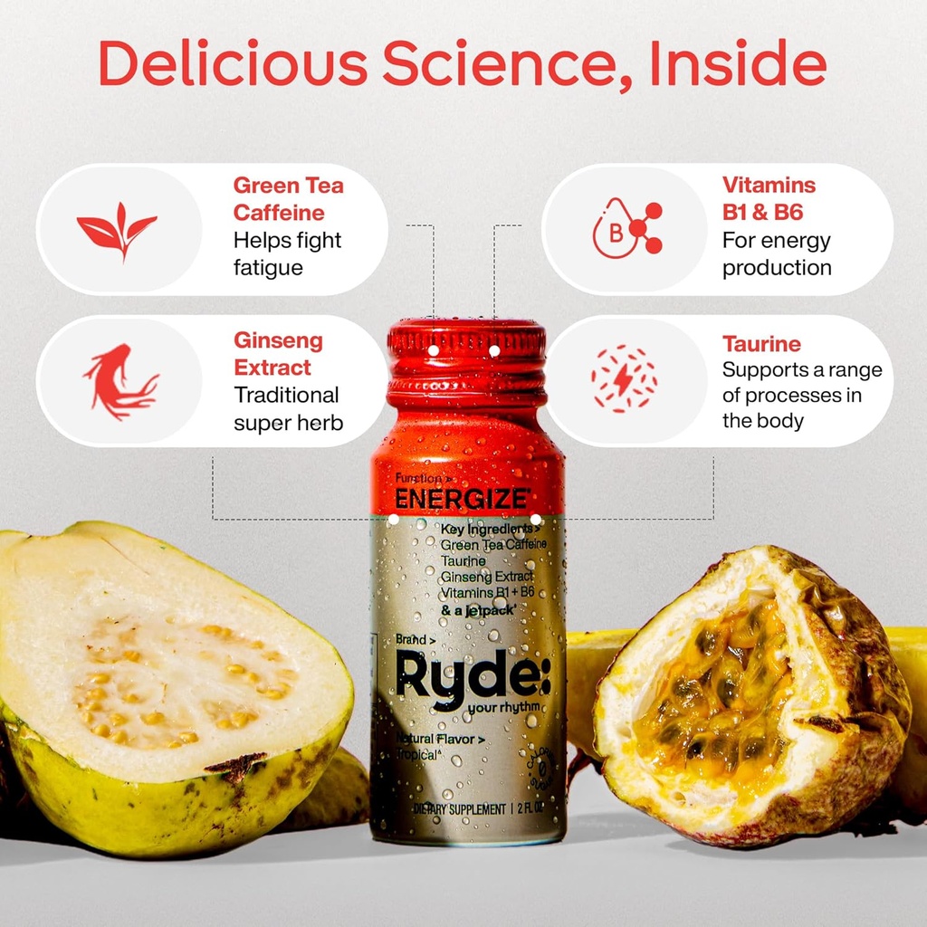 Ryde: Energize Shot | Tropical Flavor | Green Tea Caffeine, Taurine, Ginseng Extract & B Vitamins | 0 Calories, 0 Sugar | 2 FL OZ Shots | Boosts energy* (8 Pack) 5
