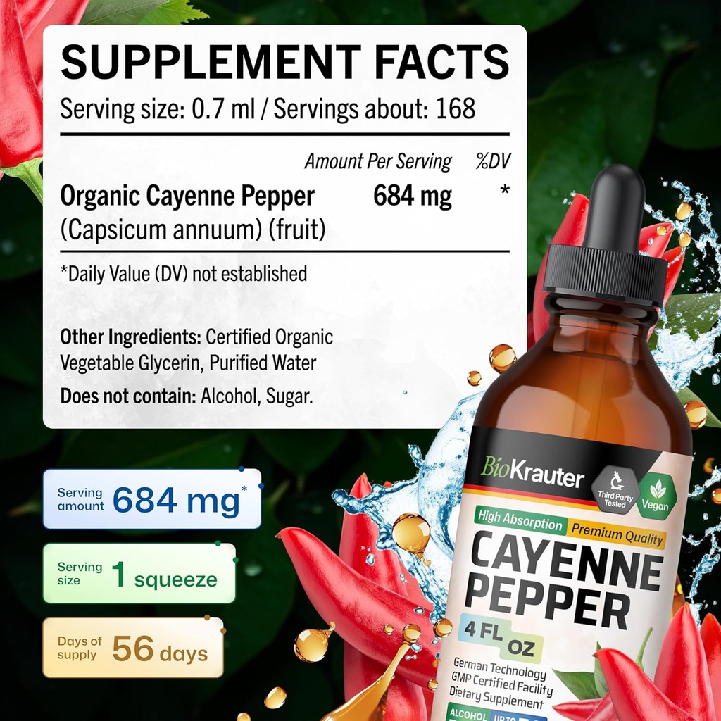 BIO KRAUTER Cayenne Pepper Extract Liquid - Pure Capsaicin Extract - Liquid Cayenne Pepper Drops for Digestive Support - Sugar & Alcohol Free 4 Fl.Oz. 5
