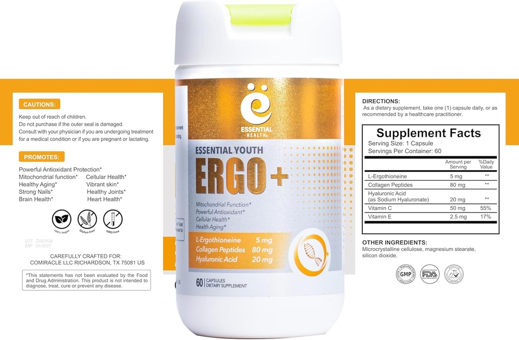 L-Ergothioneine with Collagen Peptides, Hyaluronic Acid, Vitamin C, and E - Advanced Antioxidant, Promotes Longevity & Healthy Aging – Gluten-Free, 60 Capsules (1 Pack) 3