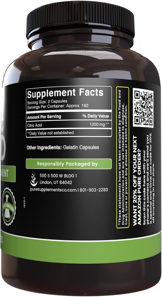 Pure Original Ingredients Citric Acid (365 Capsules) No Magnesium Or Rice Fillers, Always Pure, Lab Verified 5