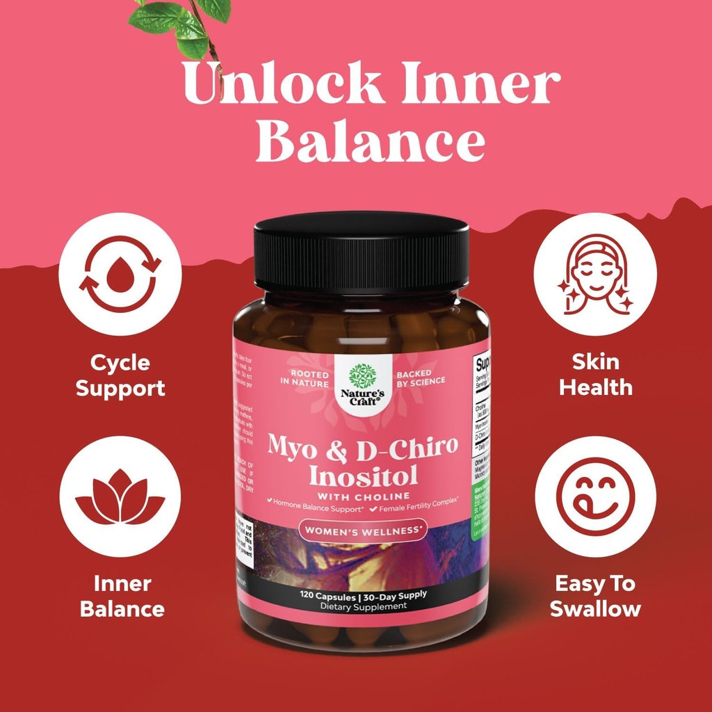 Myo-Inositol & D-Chiro Inositol Capsules - Choline Inositol Supplement for Cycle and Fertility Support - Womens Hormone Balance Supplement with Myo & D-Chiro Inositol Plus Choline Bitartrate 5