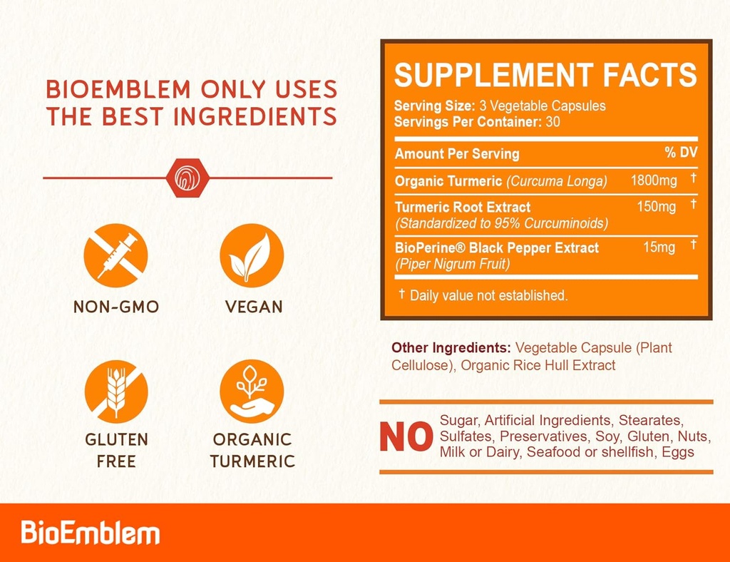 BioEmblem Turmeric Curcumin Supplement with BioPerine Turmeric Curcumin with Clinically Studied TurmiPure 4
