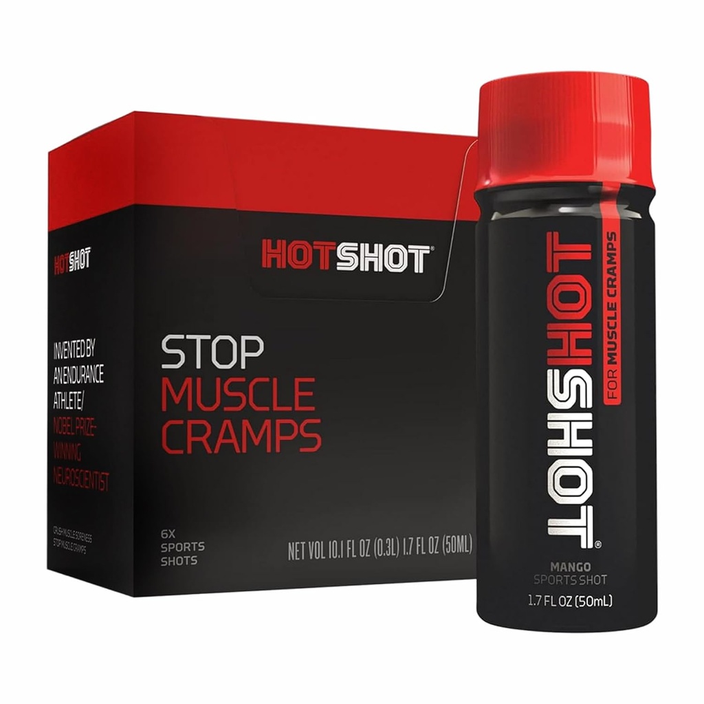 HOTSHOT Sports Shot Muscle Cramp Relief, All Natural Liquid Sports Drink, Scientifically Proven, for Leg and Night Cramps, Proudly NSF Certified for Sport, (Spicy Mango) (1.7 Fl Oz) (Pack of 6) 2