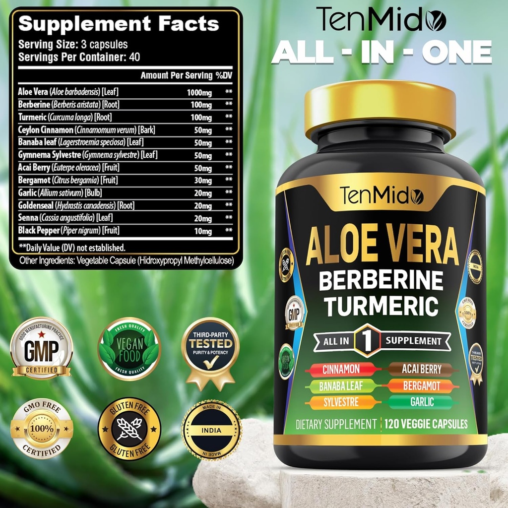 Aloe Vera Capsules Supplement - 12in1 Formula - Combine with Berberine, Turmeric, Ceylon Cinnamon, Banaba Leaf, Gymnema Sylvestre, Acai Berry, Bergamot, Garlic, and More - 120 Capsules 3