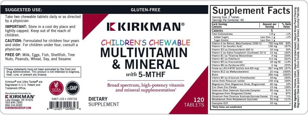Kirkman - Children's Multivitamin & Mineral - 120 Capsules - with 5-MTHF - Potent Broad Spectrum Vitamin/Mineral Supplement - Hypoallergenic 4