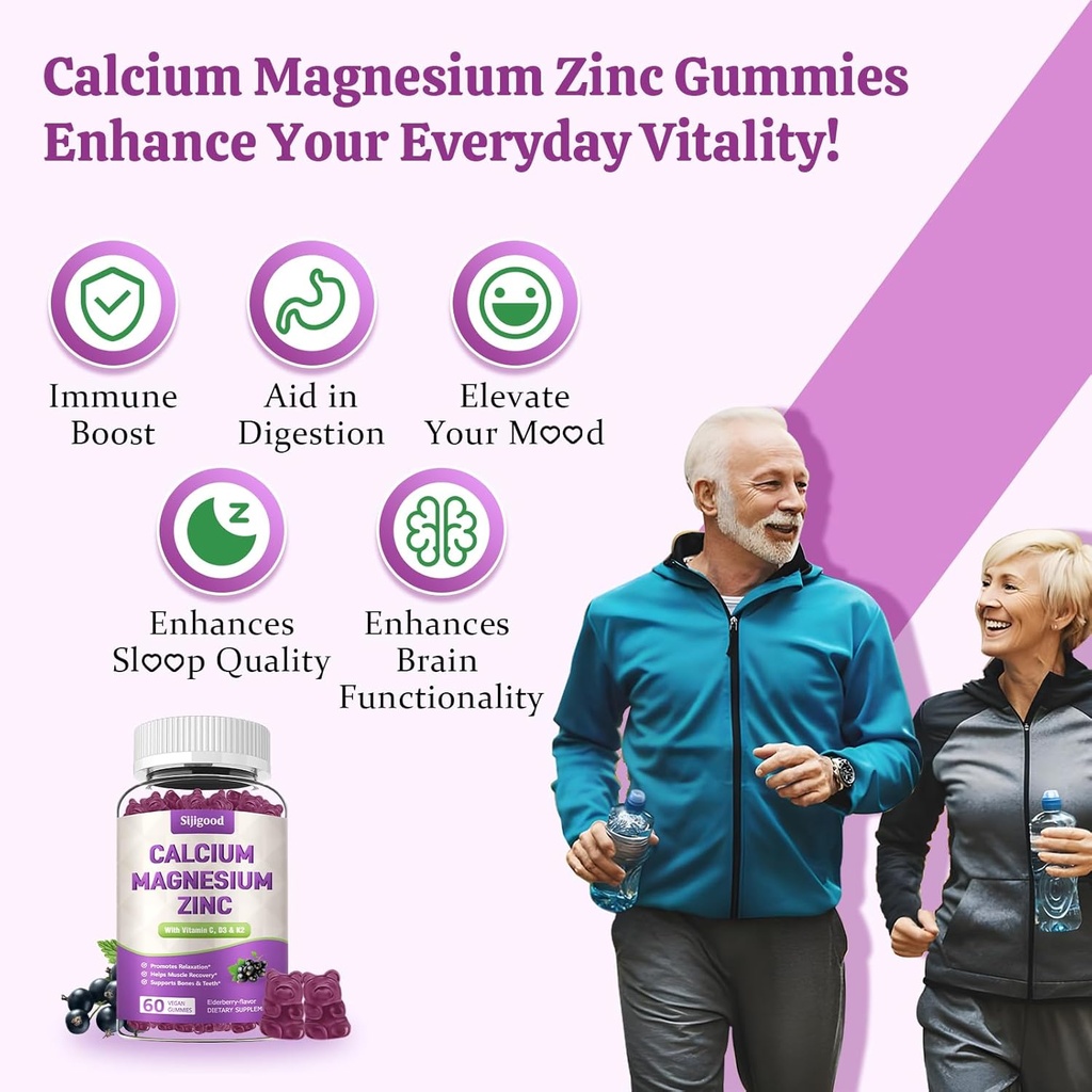 2 Pack Calcium Magnesium Zinc Gummies with Vitamin C D3 K2, Calcium Gummies for Bone, Muscle, Calm & Zzz Support, High Absorption Formula with Magnesium Zinc Potassium, Elderberry Flavored 120 Cts 6