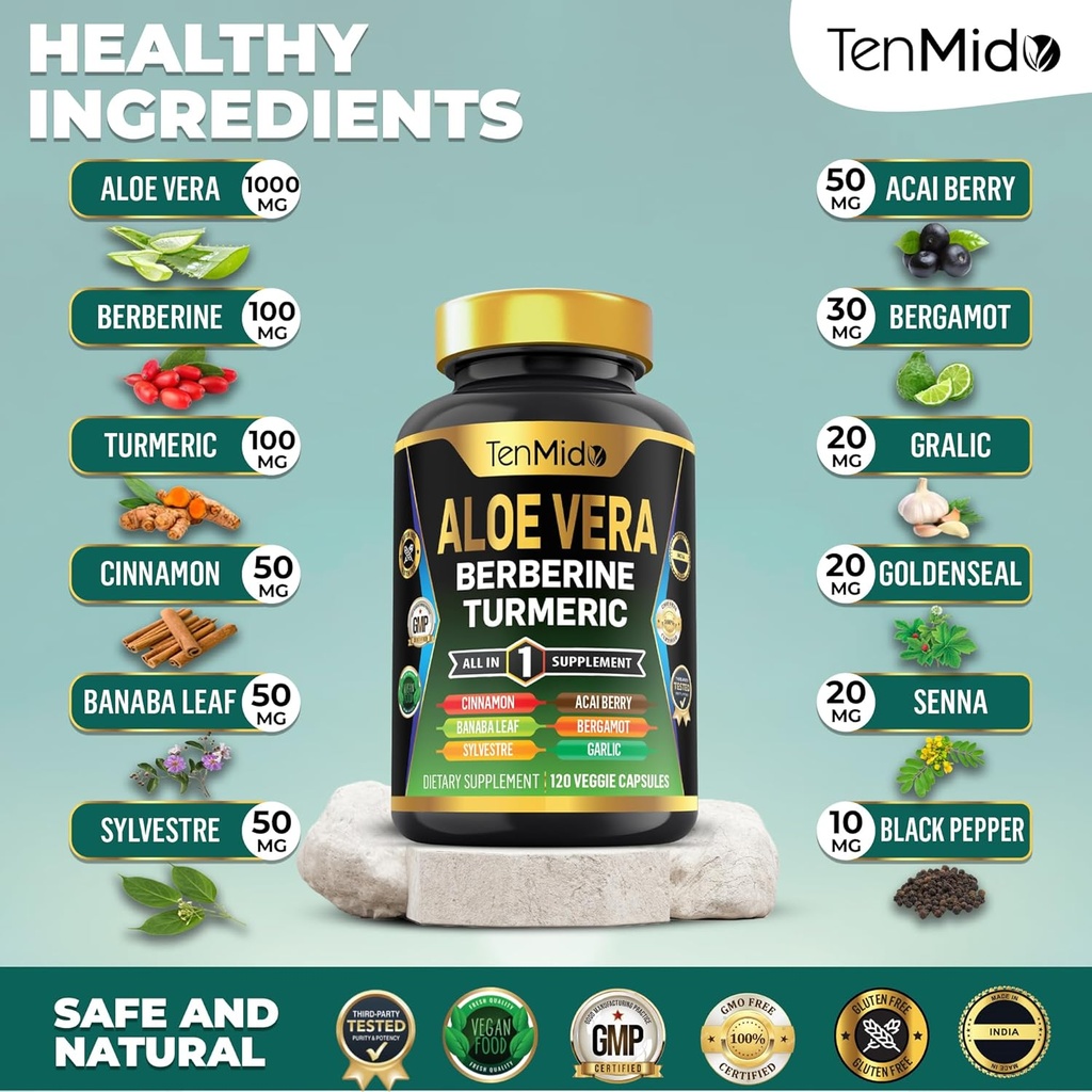 Aloe Vera Capsules Supplement - 12in1 Formula - Combine with Berberine, Turmeric, Ceylon Cinnamon, Banaba Leaf, Gymnema Sylvestre, Acai Berry, Bergamot, Garlic, and More - 120 Capsules 4