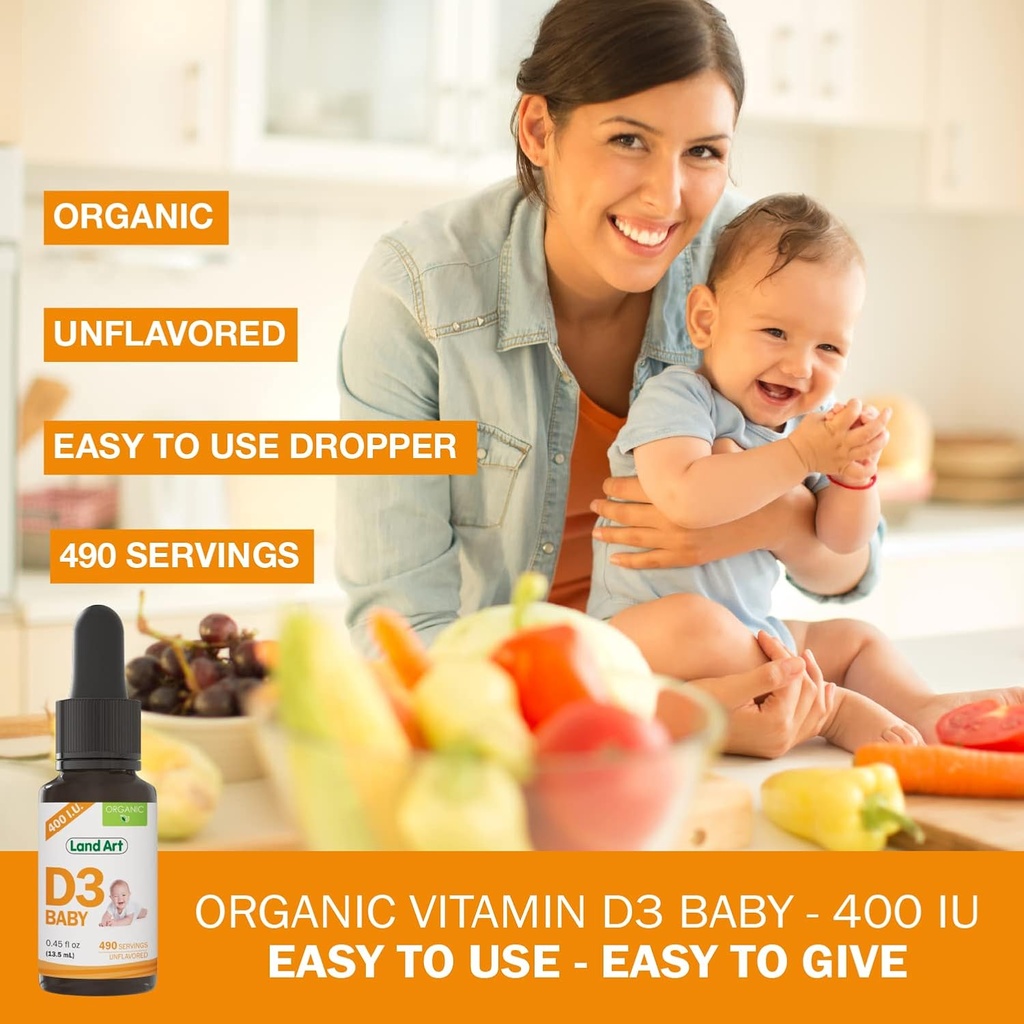 Land Art - Certified Organic Vitamin D3 Drops Baby – 400 IU per Drop – 490 Servings – Supports Bone & Teeth Development – Vitamin D Drops for Infants & Toddlers – GMO-Free - Gluten-Free – 0.45 fl oz 3