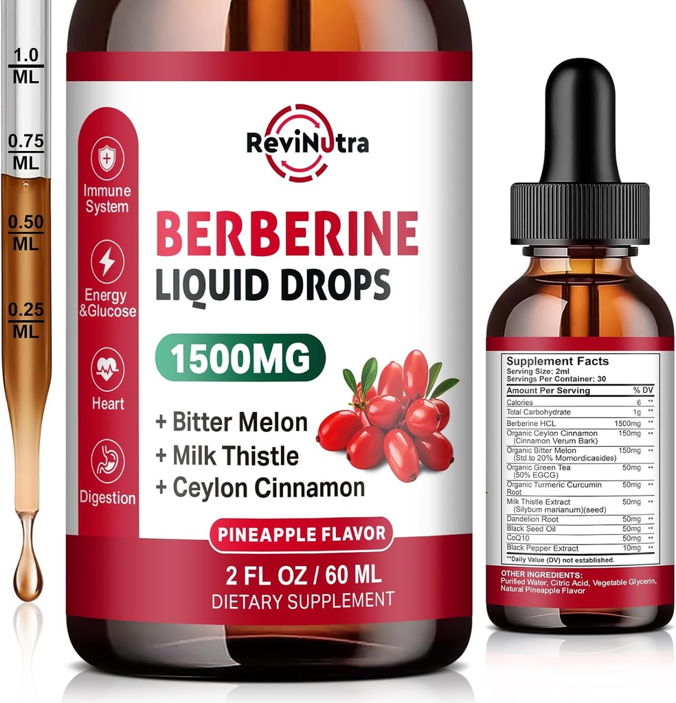 Berberine HCL Liquid Drops, 1500mg Berberine Supplement with Ceylon Cinnamon, Bitter Melon, Milk Thistle for Immune, Digestion System & Heart Health, 2 Fl Oz, Sugar-Free Pineapple Flavor 2