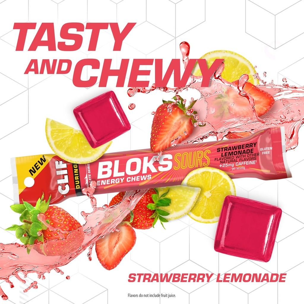 Clif Bloks Sours - Strawberry Lemonade Flavor with Caffeine - Energy Chews - Non-GMO - Plant Based - Fast Fuel for Cycling and Running - Quick Carbohydrates and Electrolytes - 2.12 oz. (18 Count) 4