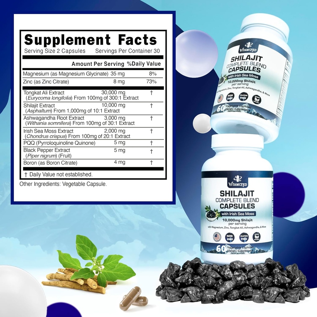 Pure Himalayan Shilajit for Men & Women - 10,000mg Shilajit Ashwagandha Supplements + Irish Sea Moss, Tongkat Ali, PQQ & More - 60 Capsules 3