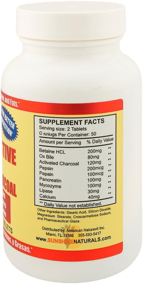 Sunshine Naturals Super Digestive Supplement. Ox Bile & Activated Charcoal for Digestive Support, Bloating Relief, Gut Cleanse, Nutrient Absorption, and Overall Wellness. 100 Tablets. Pack of 2 4