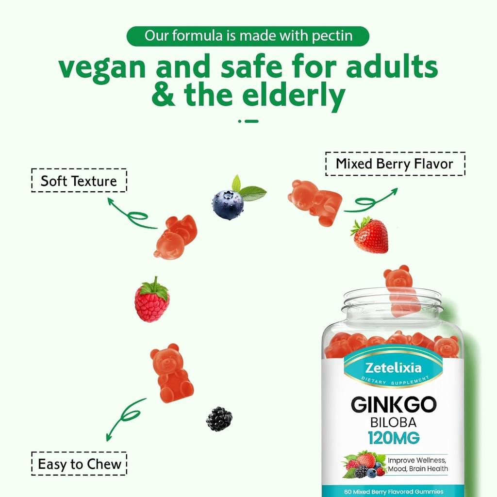 2 Pack Ginkgo Biloba Gummies for Women and Men, Brain Supplement Improve Better Mood and Focus, Vegan Mixed Berry Flavor 120 Count 6